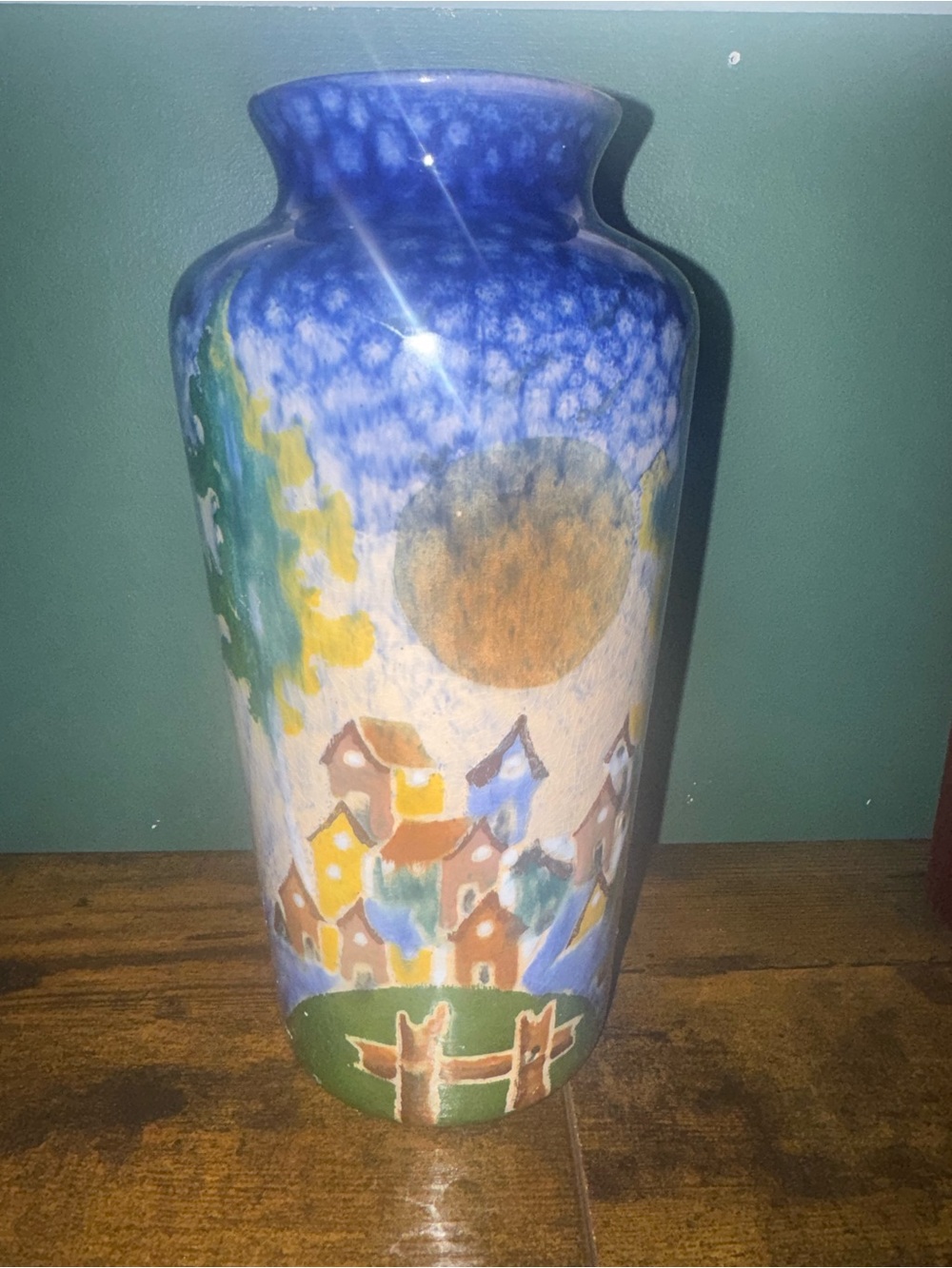 Vintage Marlik Iran Studio Art Pottery Hand Painted Folk Art Landscape Vase